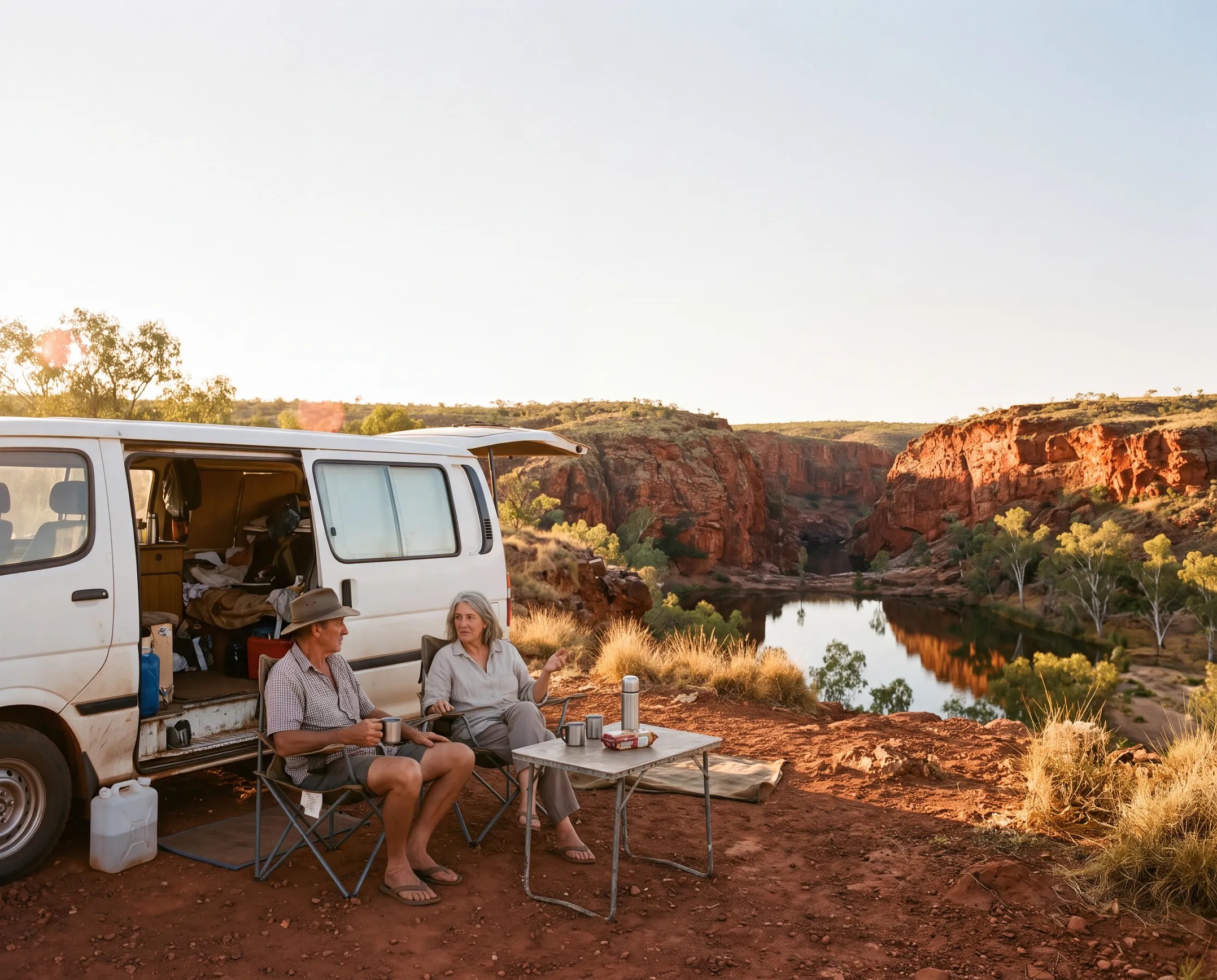 An older couple relaxing at their campsite beside a red-rock gorge in the Kimberley
